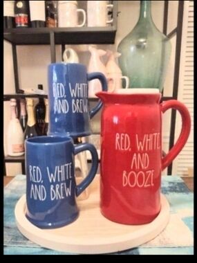 Rae Dunn Red Pitcher with Blue Mugs Set